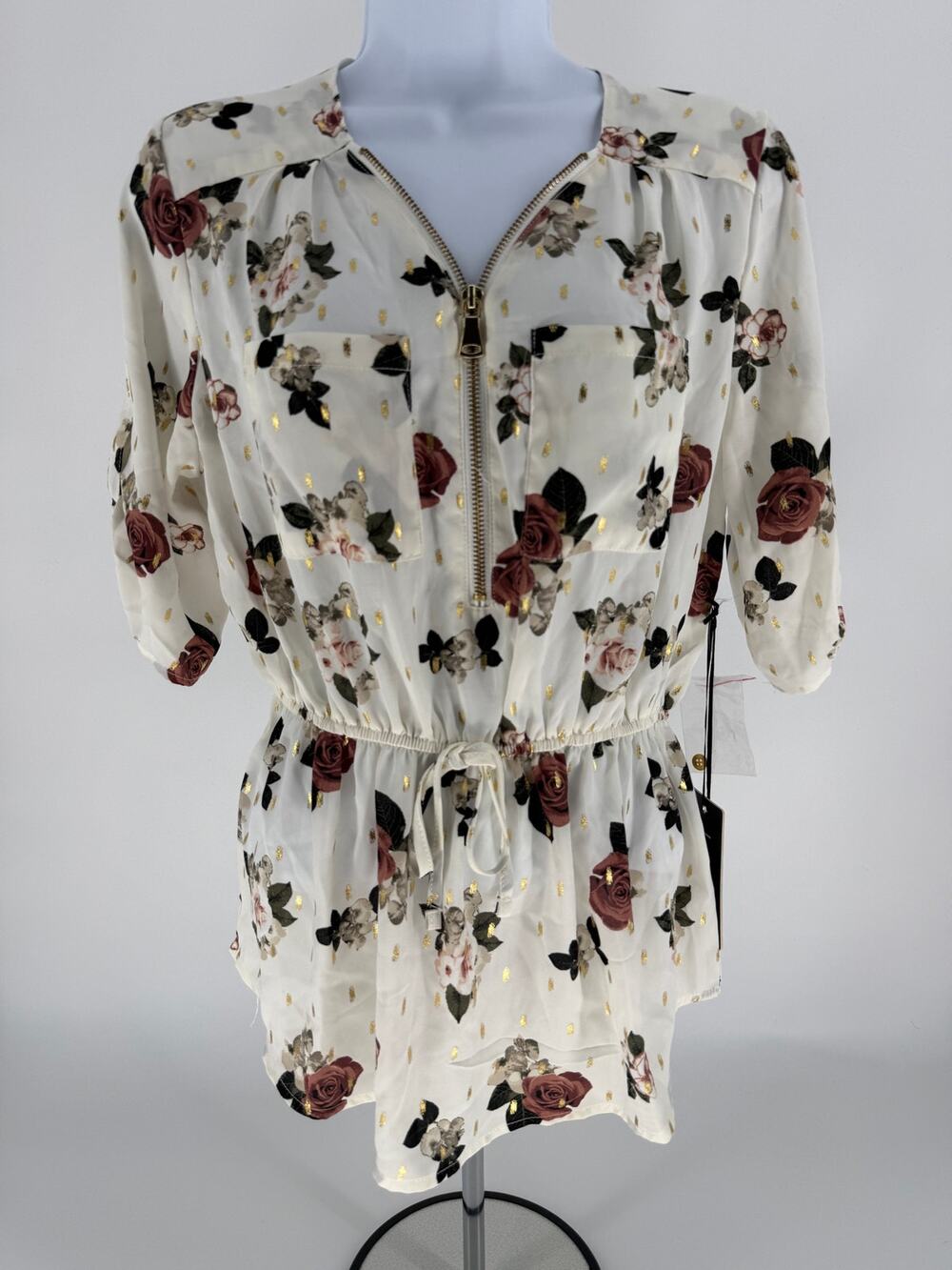 J for Justify Floral Blouse M Gold Foil Zip Front Roll Tab Sleeve Tunic NWT